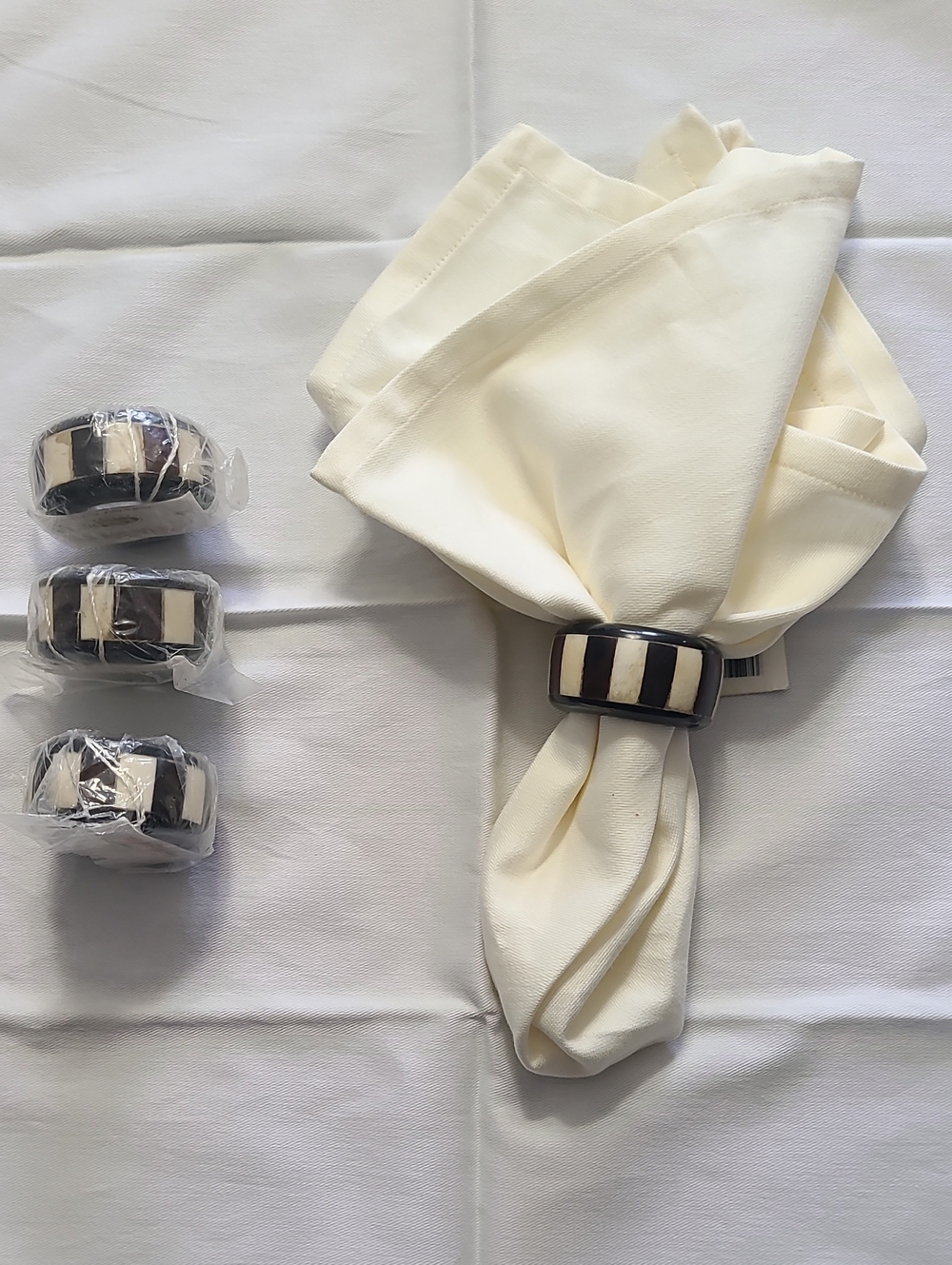 Tonni &Country Linen  Black and Cream Striped Napkin Rings, Set of Four